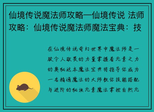仙境传说魔法师攻略—仙境传说 法师攻略：仙境传说魔法师魔法宝典：技能搭配与进阶指南